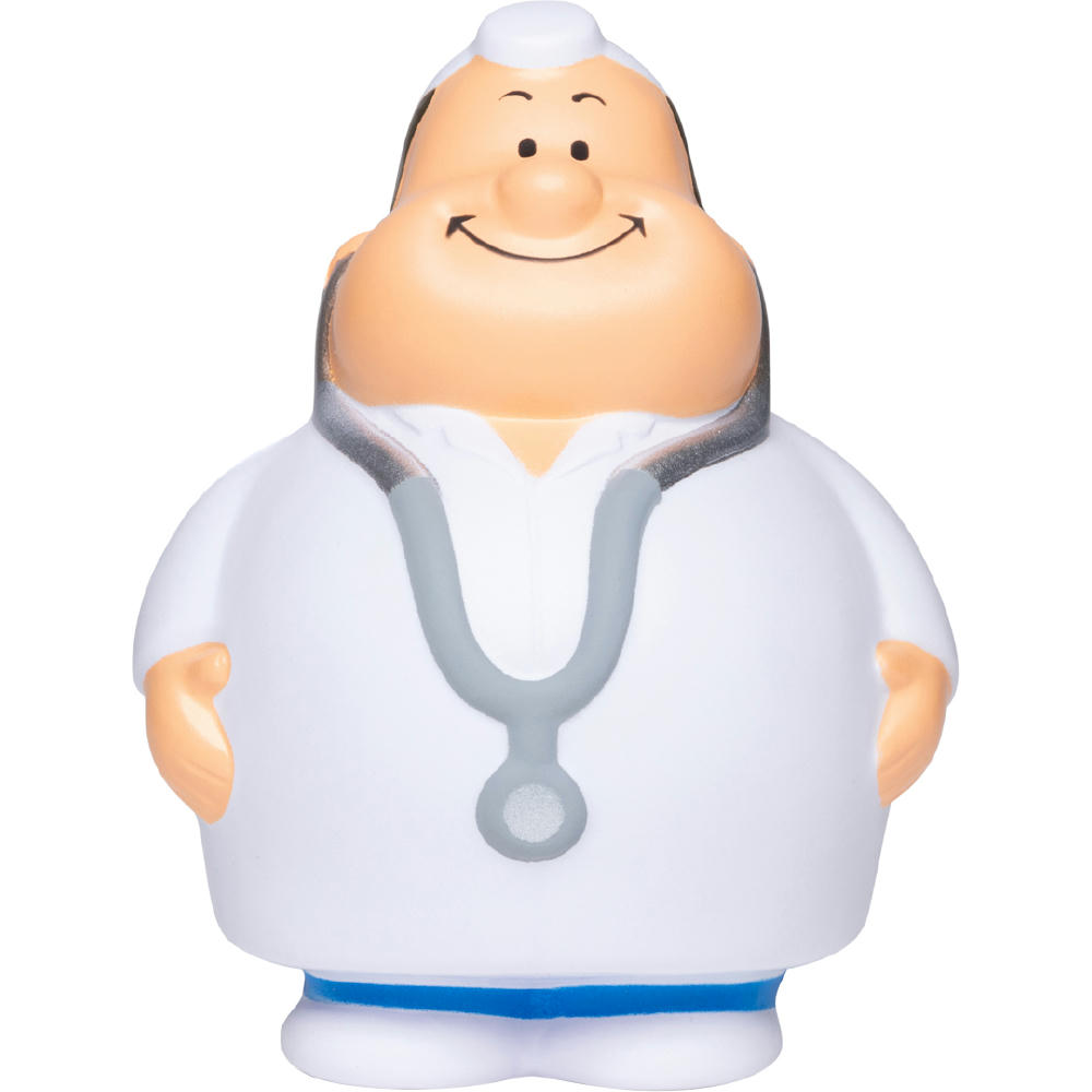 Dr. Bert im weißen Kittel mit Stethoskop – Anti-Stress-Figur als Werbeartikel für Arztpraxen und Pharma