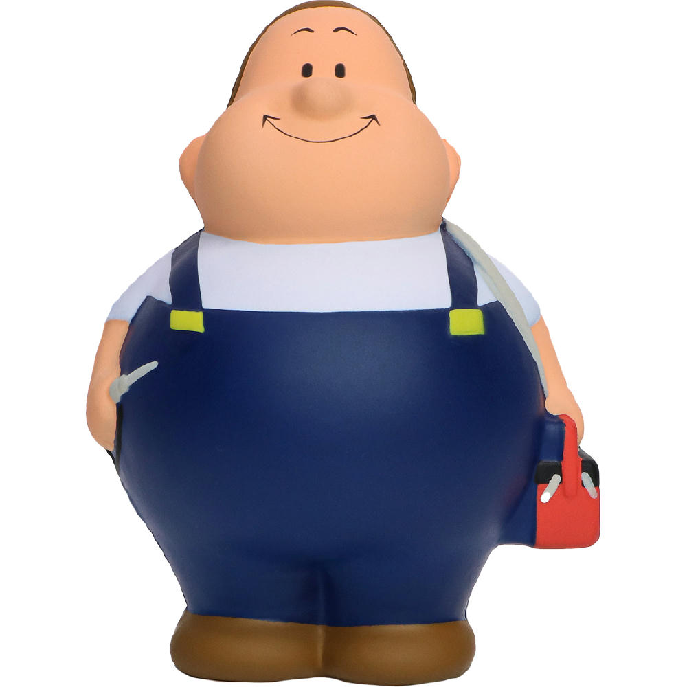 Elektriker Bert im Overall mit Werkzeugtasche – Anti-Stress-Figur als Werbeartikel für das Elektrohandwerk