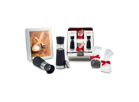 Geschenkset / Präsenteset: Salz- & Pfeffermühlen Set - in Silberdose Werbeartikel
