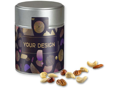 NusskernMix, ca. 100g, Metalldose Midi silber Werbeartikel