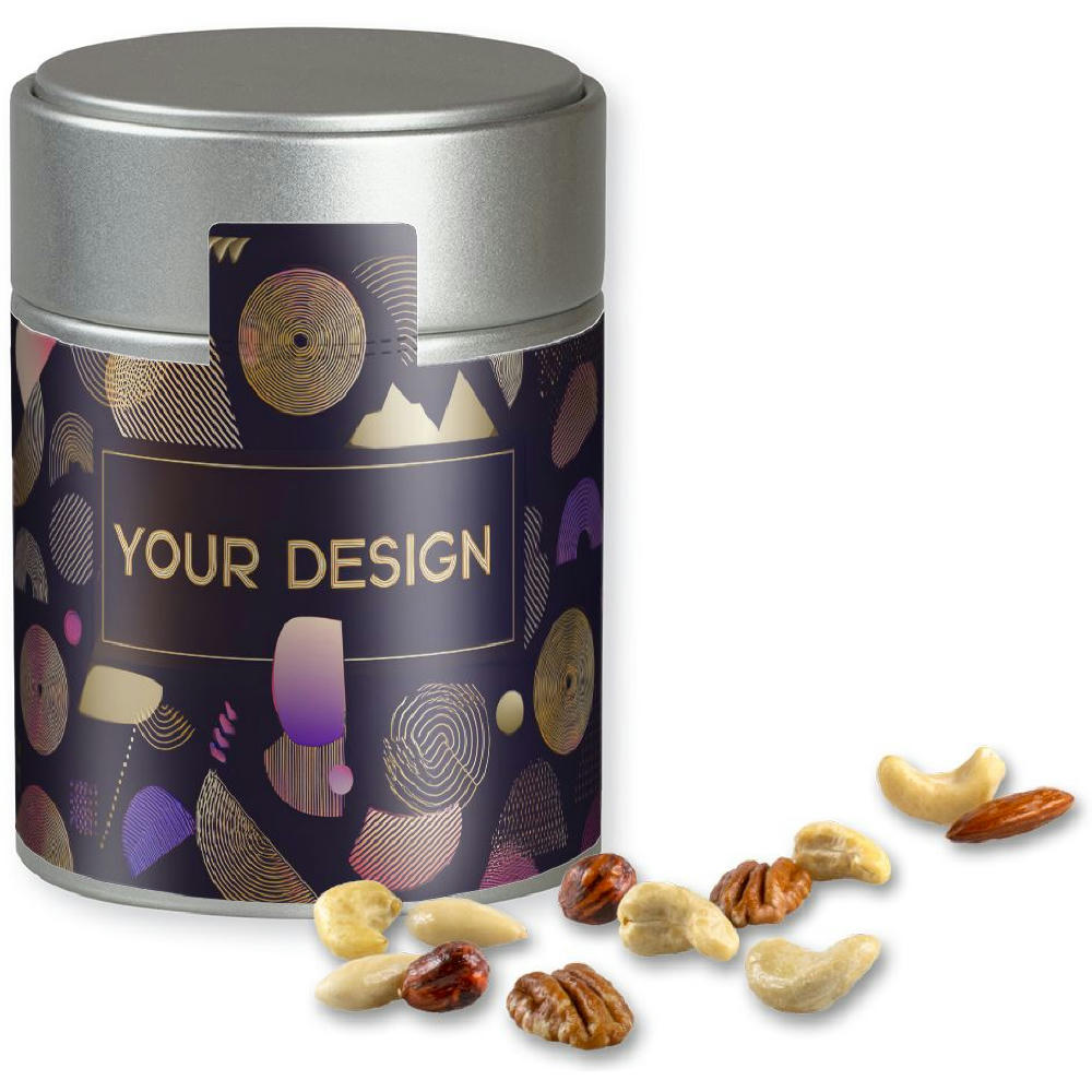 Product image NusskernMix, ca. 100g, Metalldose Midi silber Werbeartikel