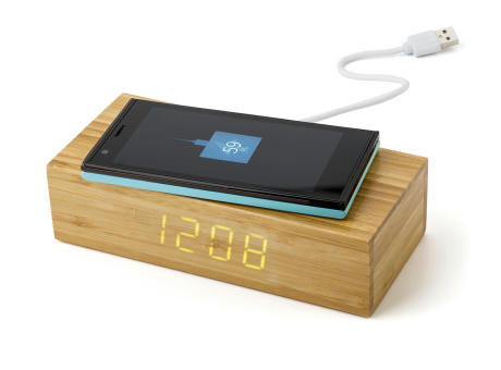 Wireless Ladepad aus Bambus mit Uhr Rosie Werbeartikel