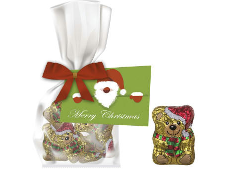 Schoko-Weihnachtsbärchen, ca. 35g, Express Flachbeutel mit Schleife mit Werbekarte bedrucken
