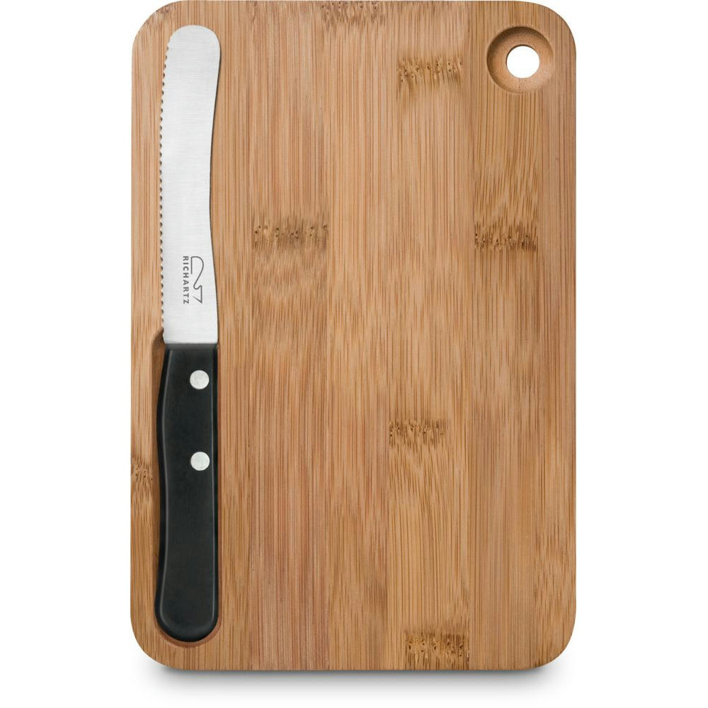 RICHARTZ Frühstück cut and eat black: Frühstücksmesser auf einem Frühstücksbrett aus Holz – Messer mit Gravur Ihres Logos