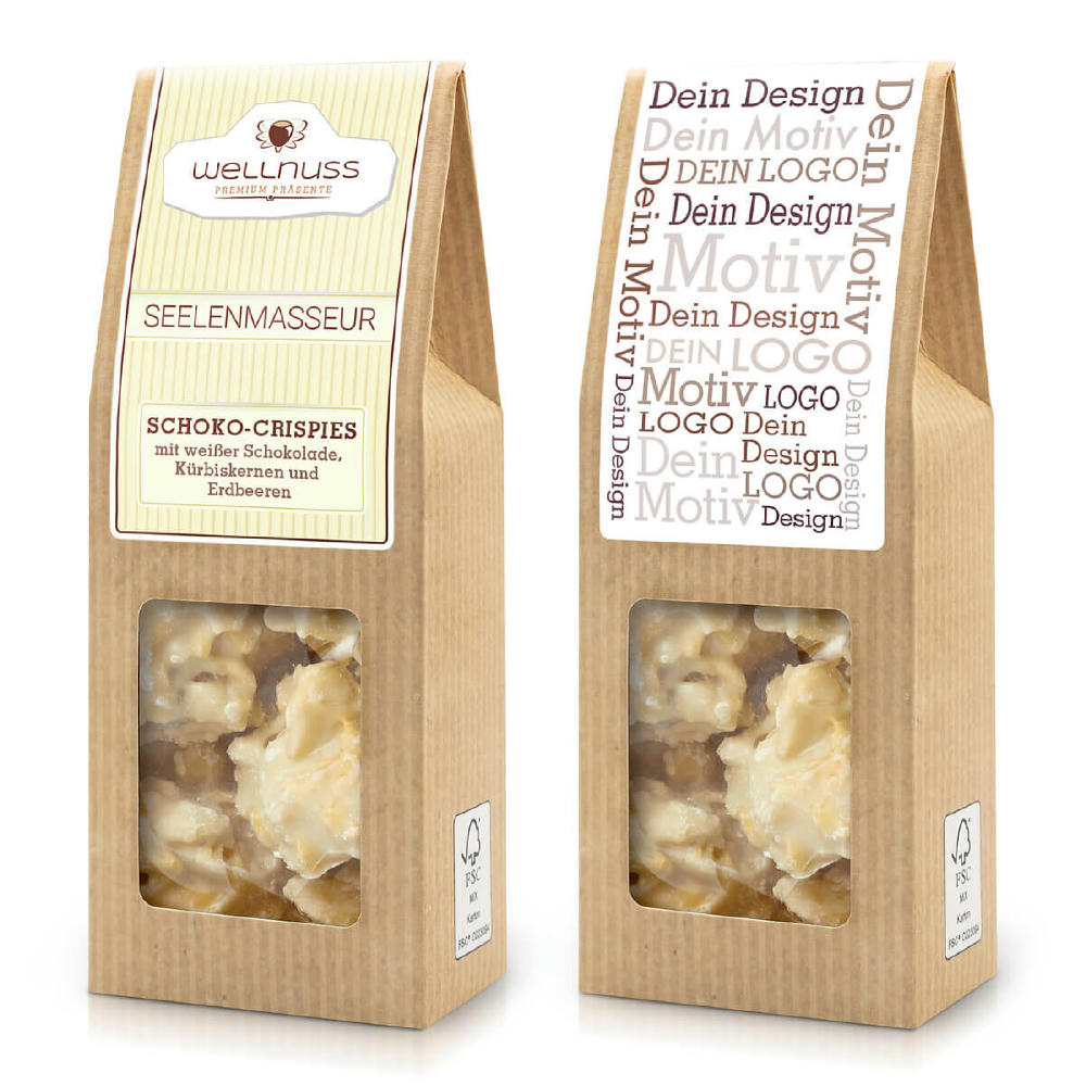 Product image Schoko-Crispies mit weißer Schokolade, Kürbiskernen und Erdbeere in der Faltschachtel Werbeartikel