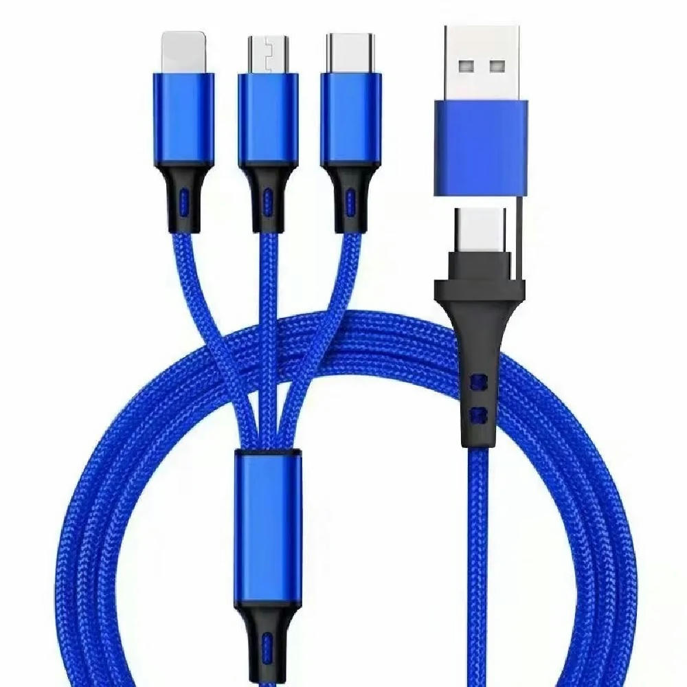 5in1 Ladekabel Nylon mit USB-A und TYP-C Kombistecker für Micro, TYP-C und Lightning 120cm Blau Werbeartikel