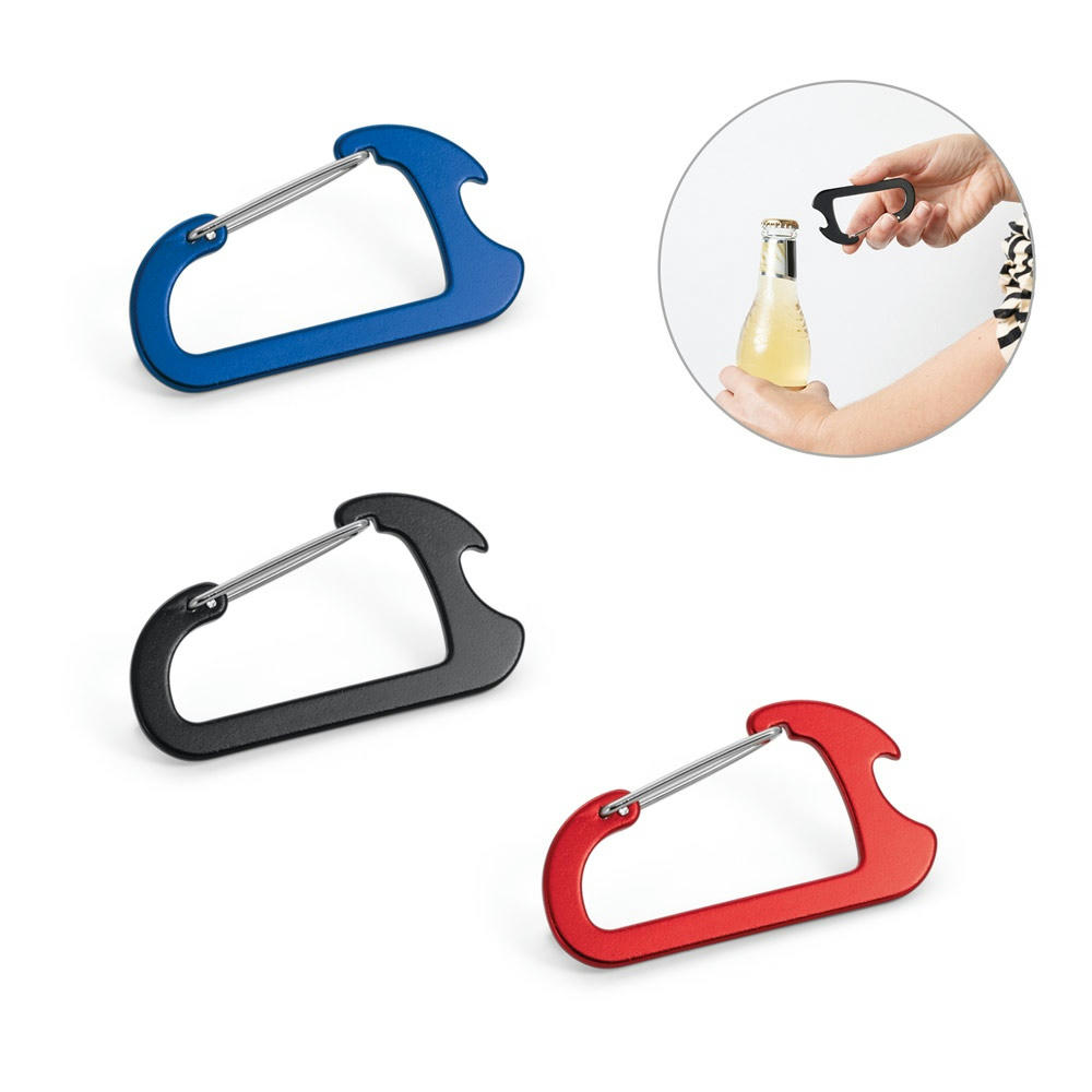 Product image CLOSE. Karabiner aus Aluminium mi Kapselöffner Werbeartikel