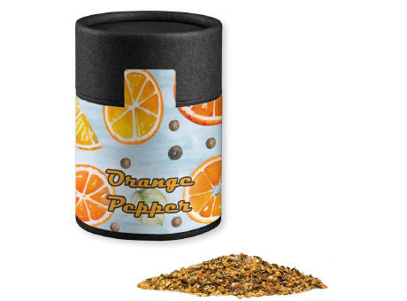Gewürzmischung Orangen-Pfeffer, ca. 75g, Kraftpapierdose Midi schwarz Werbeartikel