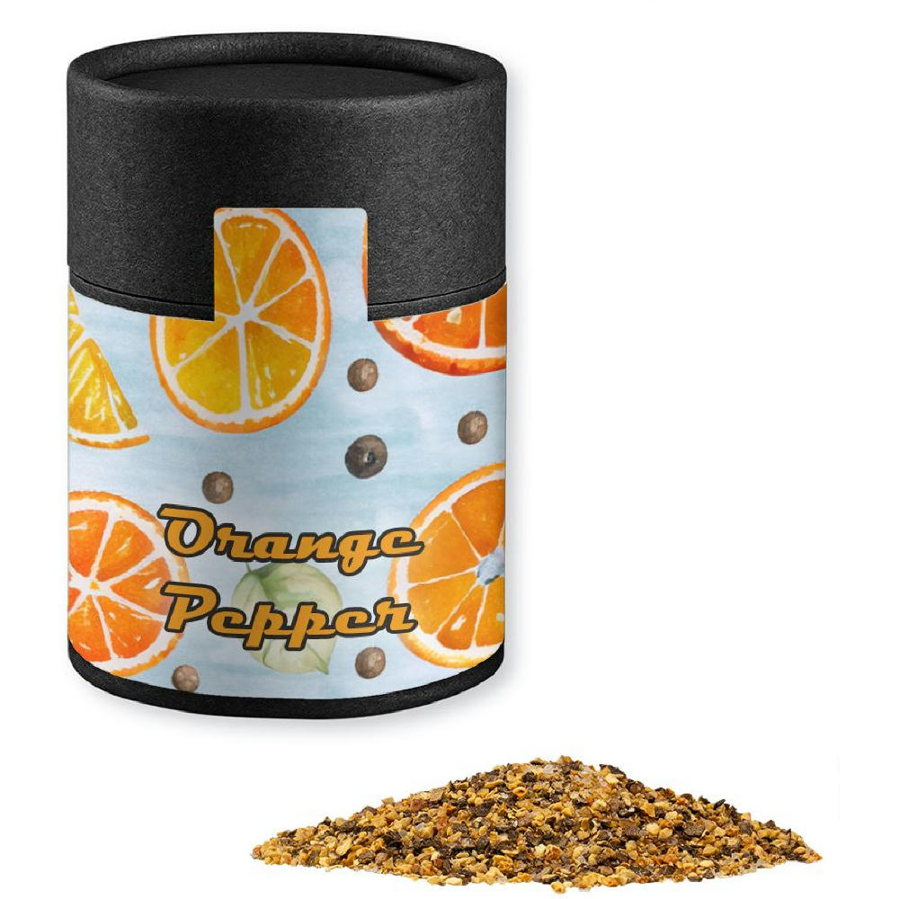 Product image Gewürzmischung Orangen-Pfeffer, ca. 75g, Kraftpapierdose Midi schwarz Werbeartikel