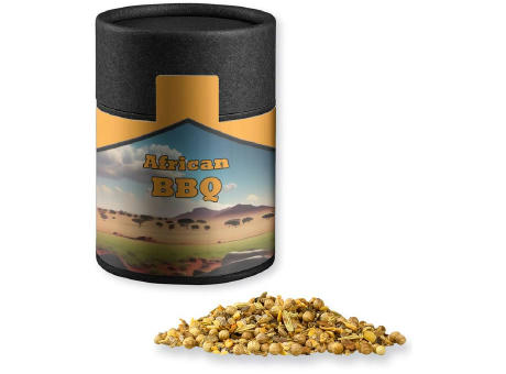 Gewürzmischung African BBQ, ca. 75g, Kraftpapierdose Midi schwarz Werbeartikel