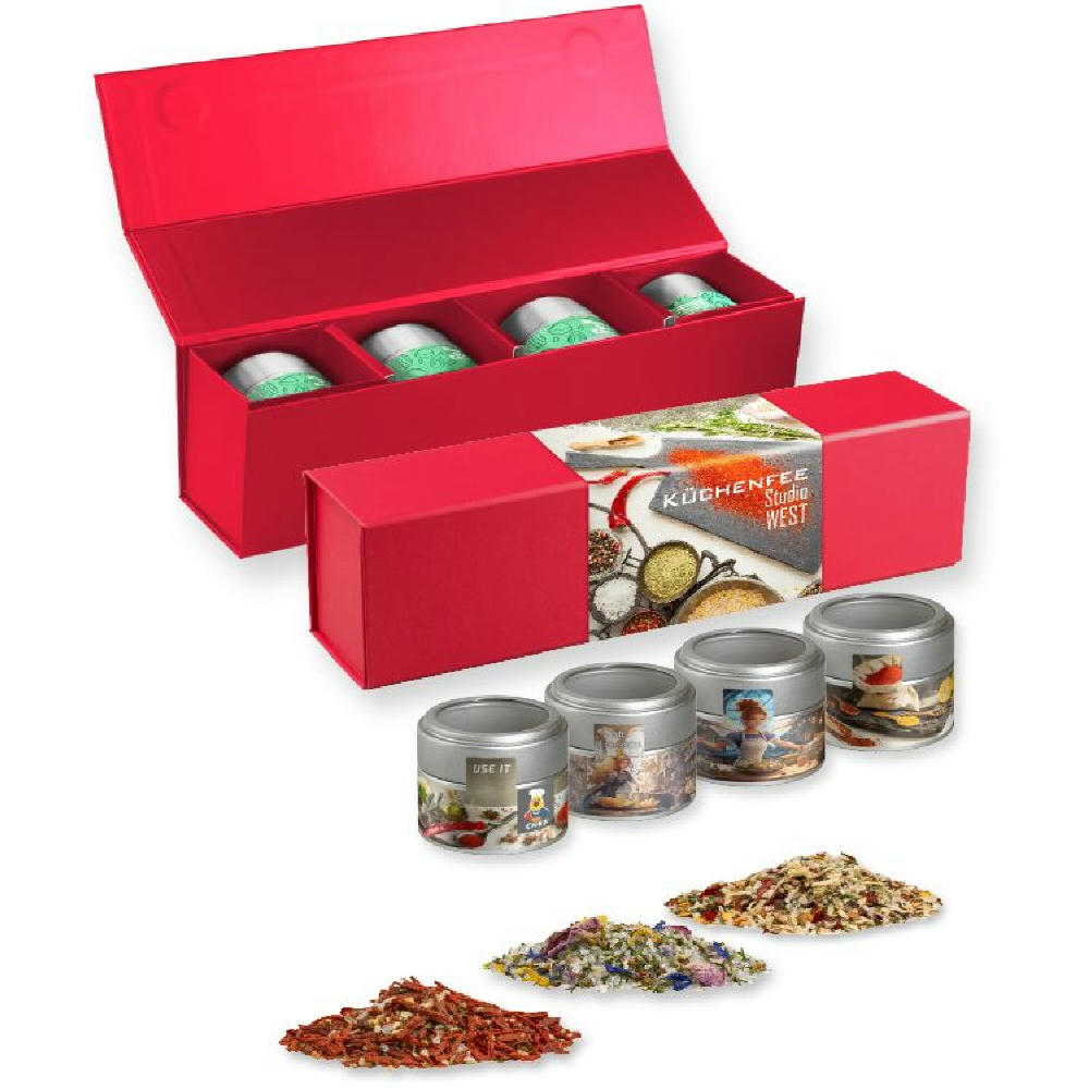 Product image verschiedene Gewürzmischungen (Kategorie 3), ca. 140-440g, Geschenk-Set Premium rot mit Magnetverschluss und 4 Metalldosen Mini mit Sichtfenste Werbeartikel