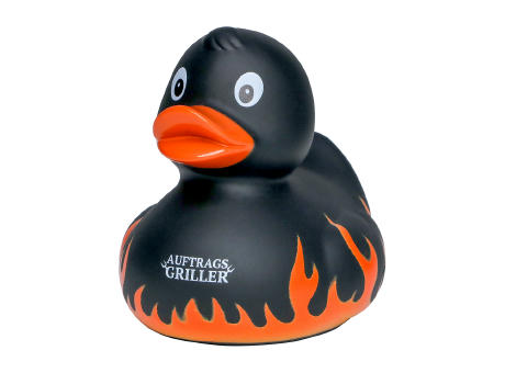 Quietsche-Ente Flammen mit Slogan Auftragsgriller Werbeartikel