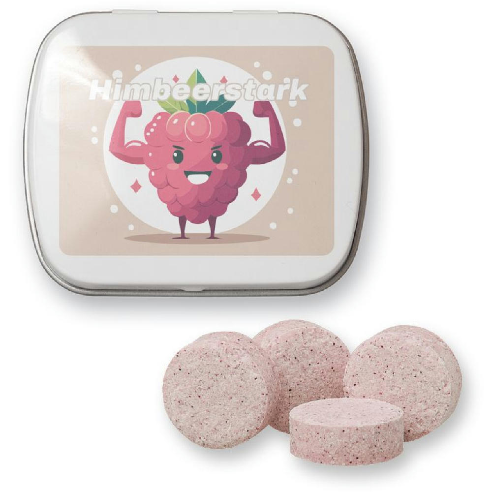 Himbeer Drops, ca. 20g, Mintdose weiß Werbeartikel