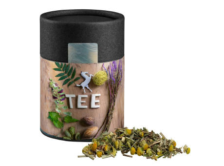 Kräutertee Kräuterfantasie, ca. 25g, Kraftpapierdose Midi schwarz Werbeartikel