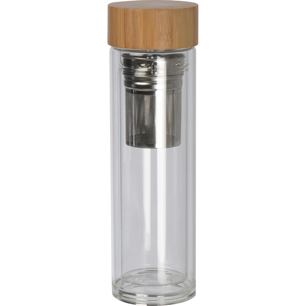 Product image Vakuum Borosilikat Glasflasche mit Teesieb, 420ml Werbeartikel