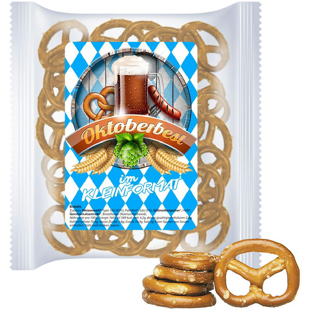 Mini Brezeln Original, ca. 30g, Express Maxi-XL-Tüte mit Etikett Werbeartikel