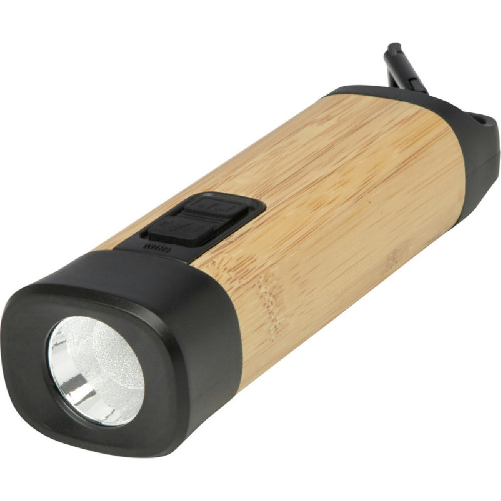 Product image Kuma Taschenlampe aus Bambus und recyceltem RCS Kunststoff mit Karabinerhaken Werbeartikel
