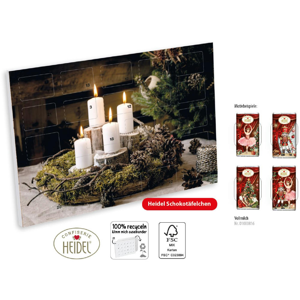 Product image Wand-Adventskalender mit Logo bedruckt, gefüllt mit 72g Confiserie Heidel Vollmilch Schokotäfelchen