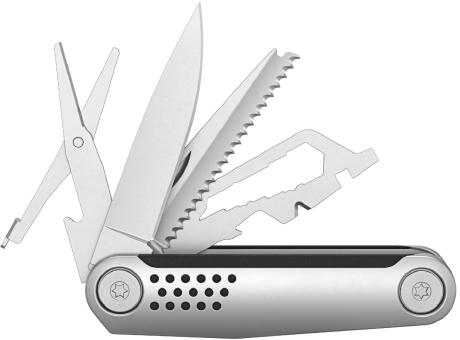 RICHARTZ STRUKTURA knife 15+ aufgeklappt in der Schrägansicht mit Klinge, Säge und Schere – Werbeartikel mit Logo