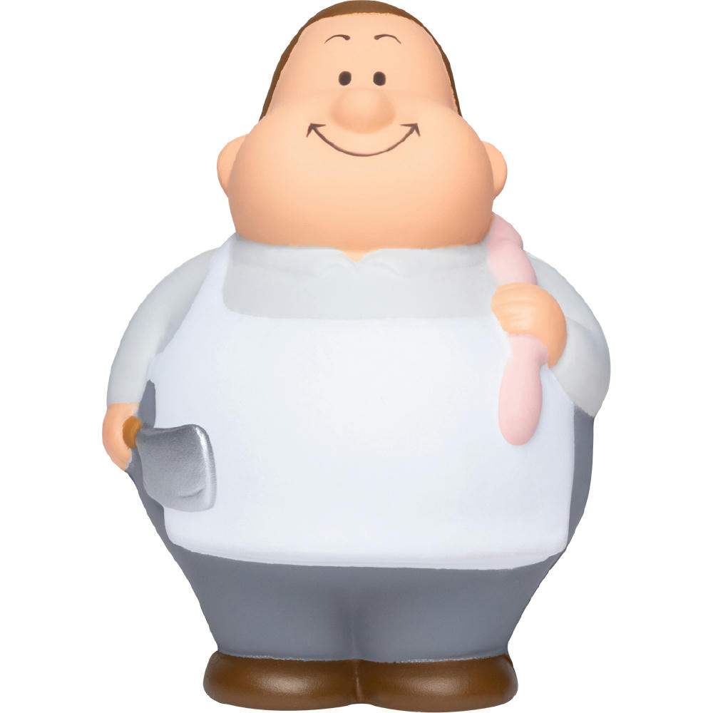Product image Schlachter Bert im weißen Kittel mit Beil und Würstchenkette – Anti-Stress-Figur mit Logo für Metzgereien