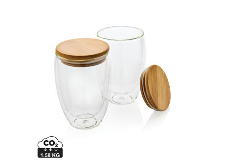 2-tlg Set Borosilikatgläser mit Bambusdeckel 350ml bedrucken