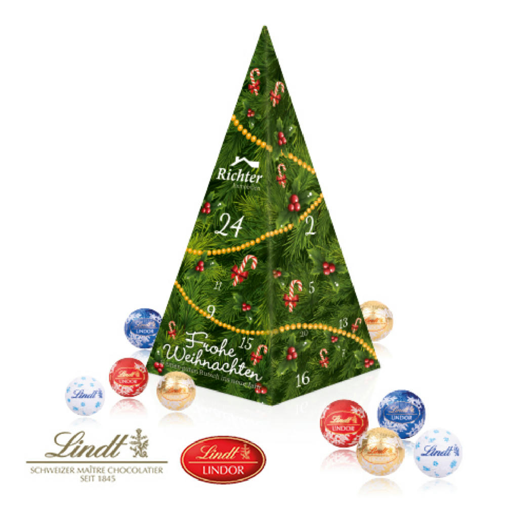 Adventskalender "Weihnachtspyramide" mit Lindt Schokolade Werbeartikel