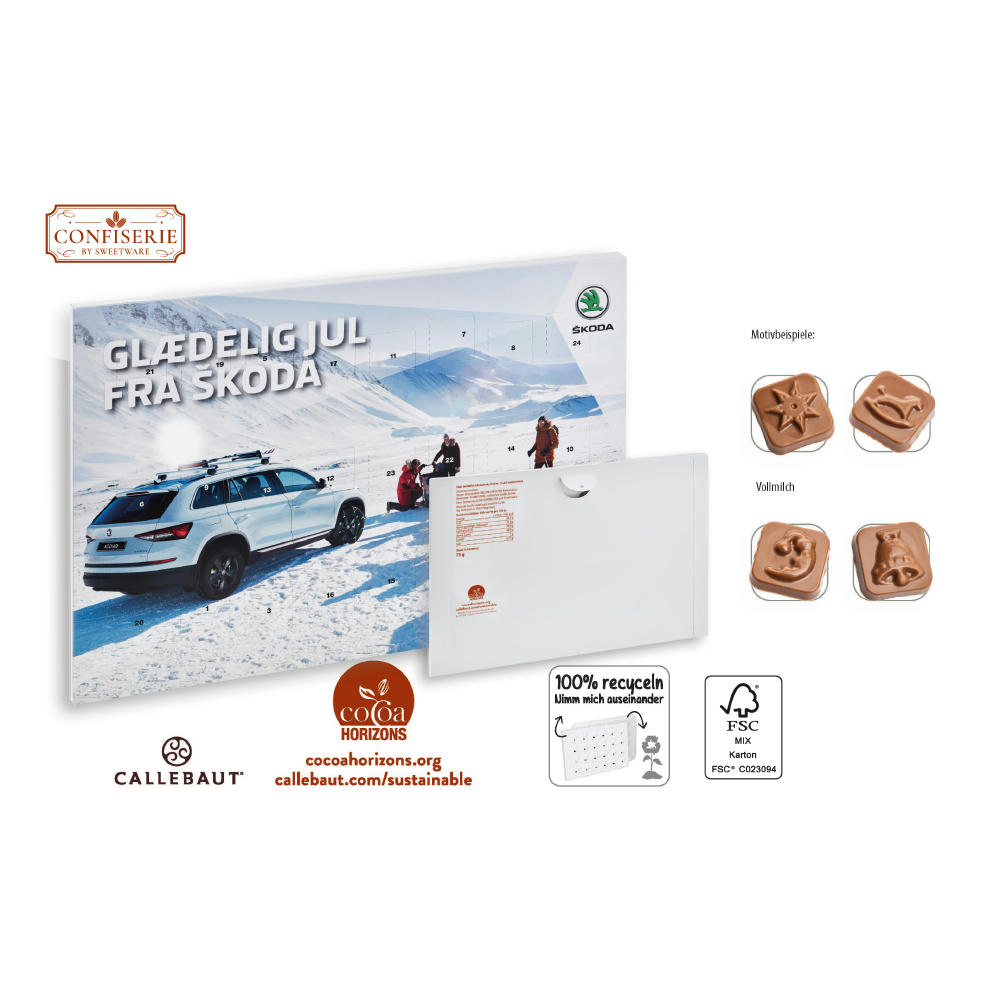 Product image Wand-Adventskalender mit Logo bedruckt, FSC-zertifiziert und 100% recycelbar, gefüllt mit 75g Callebaut Vollmilch Schokolade