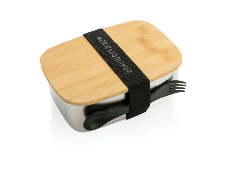 Stainless Steel Lunchbox mit Bambus-Deckel und Göffel Werbeartikel