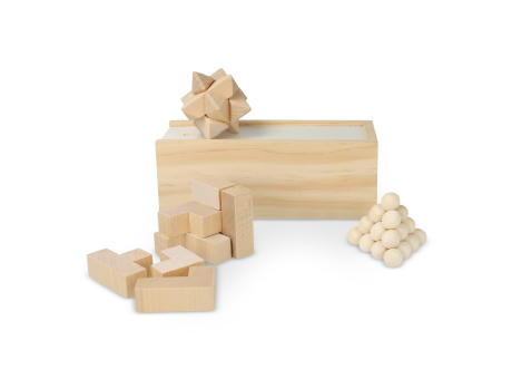 Product image Dieses nachhaltige Set enthält drei spannende Denkspiele: ein Sternenpuzzle, ein Pyramidenpuzzle und ein 3D-Würfelpuzzle, die alle aus FSC-Holz gefertigt sind. Sie sind in einer FSC-Holzbox Werbeartikel