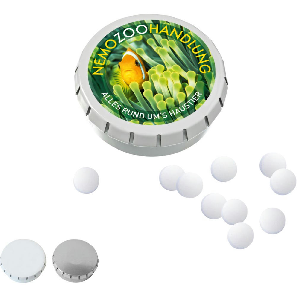 Product image SUPER-MINI-Drück-mich-Dose mit Pfefferminzpastillen, 20g Werbeartikel