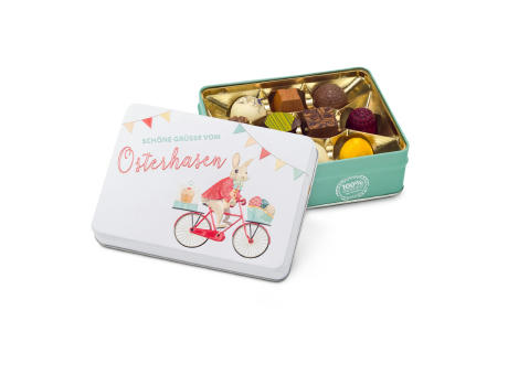 Product image Geschenkartikel / Präsentartikel: Hasenvater auf dem Fahrrad - Pralinendose mit 125 g Werbeartikel