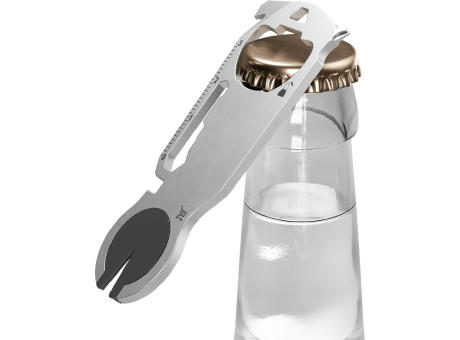 RICHARTZ KEY TOOL active öffnet eine Glasflasche mit Kronkorken – Schlüsselanhänger-Multitool mit Ihrem Logo