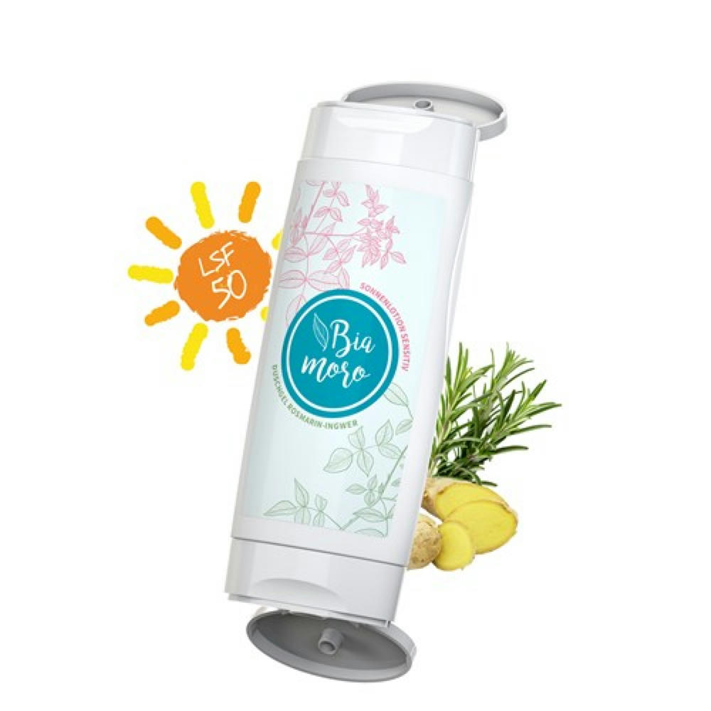 DuoPack Sonnenmilch LSF 50 (sensitiv) + Duschgel "Rosmarin-Ingwer" (2 x 50 ml) Werbeartikel