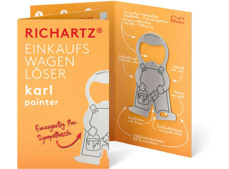RICHARTZ Einkaufswagenlöser karl painter in der Faltkarten-Verpackung mit Motivaufdruck – Werbeartikel mit Ihrem Logo