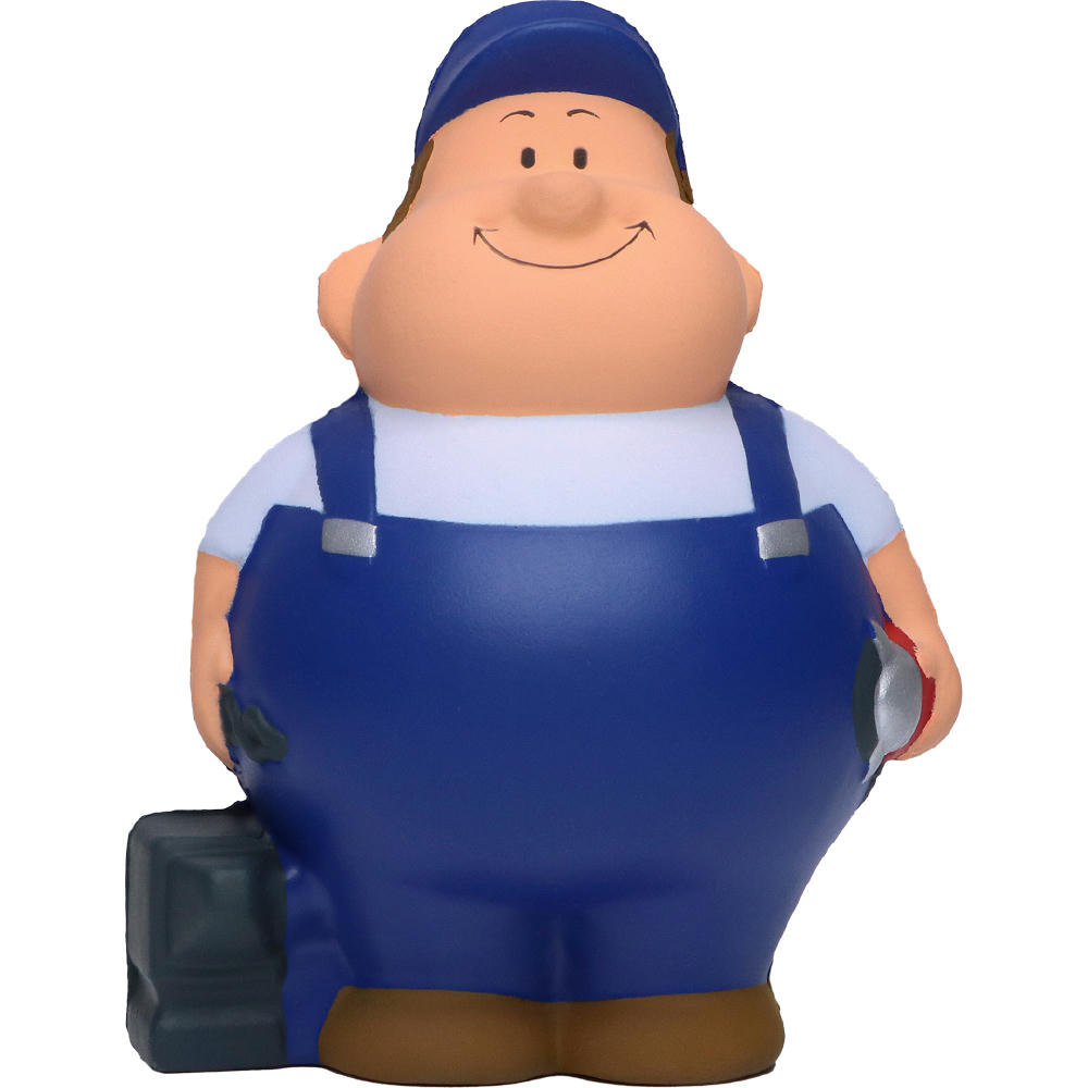 Schlosser Bert im blauen Overall mit Schraubenschlüssel und Werkzeugkoffer – Anti-Stress-Figur zum Bedrucken