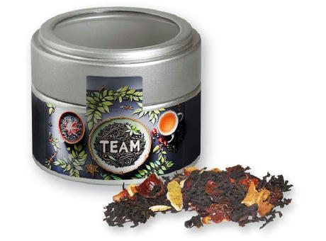 Product image Weihnachts Schwarztee, ca. 30g, Metalldose Mini mit Sichtfenster silber Werbeartikel