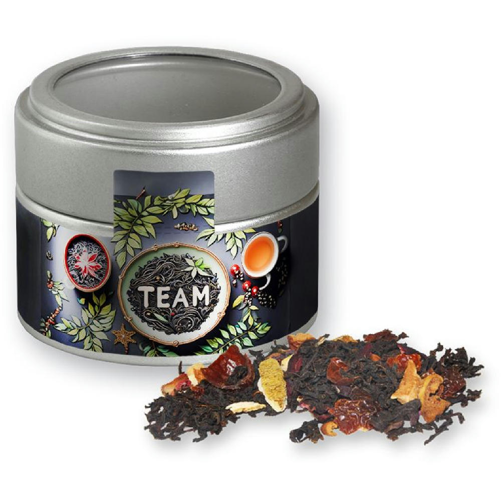 Product image Weihnachts Schwarztee, ca. 30g, Metalldose Mini mit Sichtfenster silber Werbeartikel