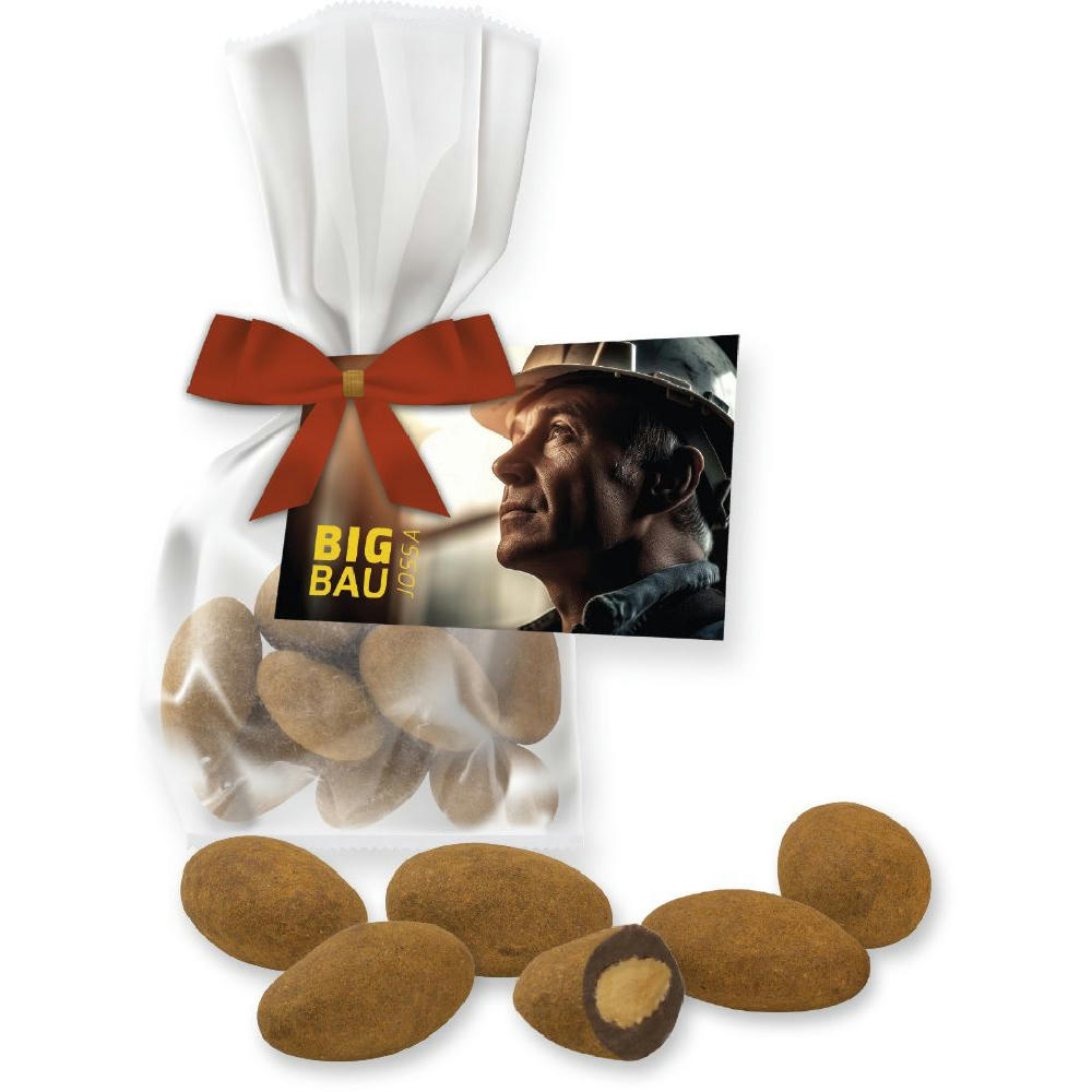 Product image Schokomandeln mit Zimt, ca. 35g, Express Flachbeutel mit Schleife mit Werbekarte Werbeartikel