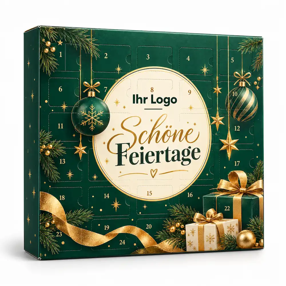 Grüner Adventskalender mit Logo, goldenen Weihnachtsmotiven und 24 Türchen – hochwertiges Werbegeschenk für Kunden und Geschäftspartner.