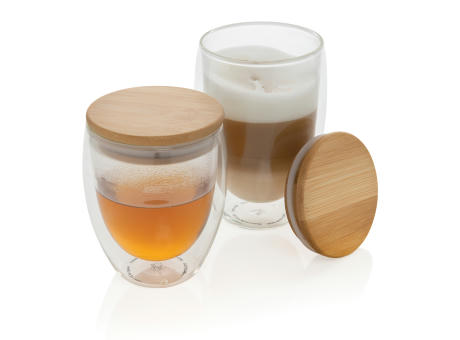 2-tlg Set Borosilikatgläser mit Bambusdeckel 350ml bedrucken