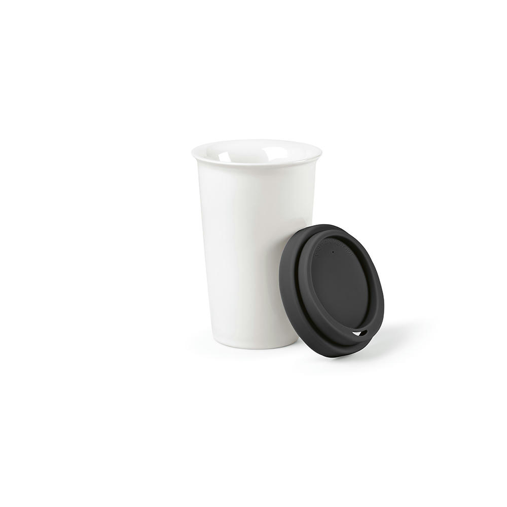 Tagus Reisebecher aus Keramik, 330 ml. Doppelwandig mit farbigem Deckel Werbeartikel
