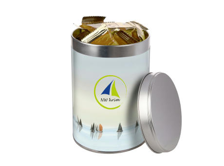 Hohe runde Dose gefüllt mit Keksen Werbeartikel