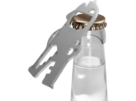 RICHARTZ KEY TOOL Bob öffnet eine Glasflasche mit Kronkorken – Schlüsselanhänger-Multitool mit Ihrem Logo