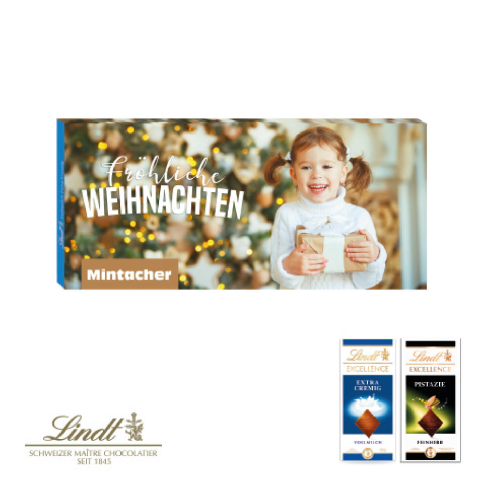 Product image Lindt Excellence Schokoladentafel 100g in Vollmilch oder Pistazie im individuell bedruckbaren FSC® Werbeschuber als B2B Weihnachtsgeschenk