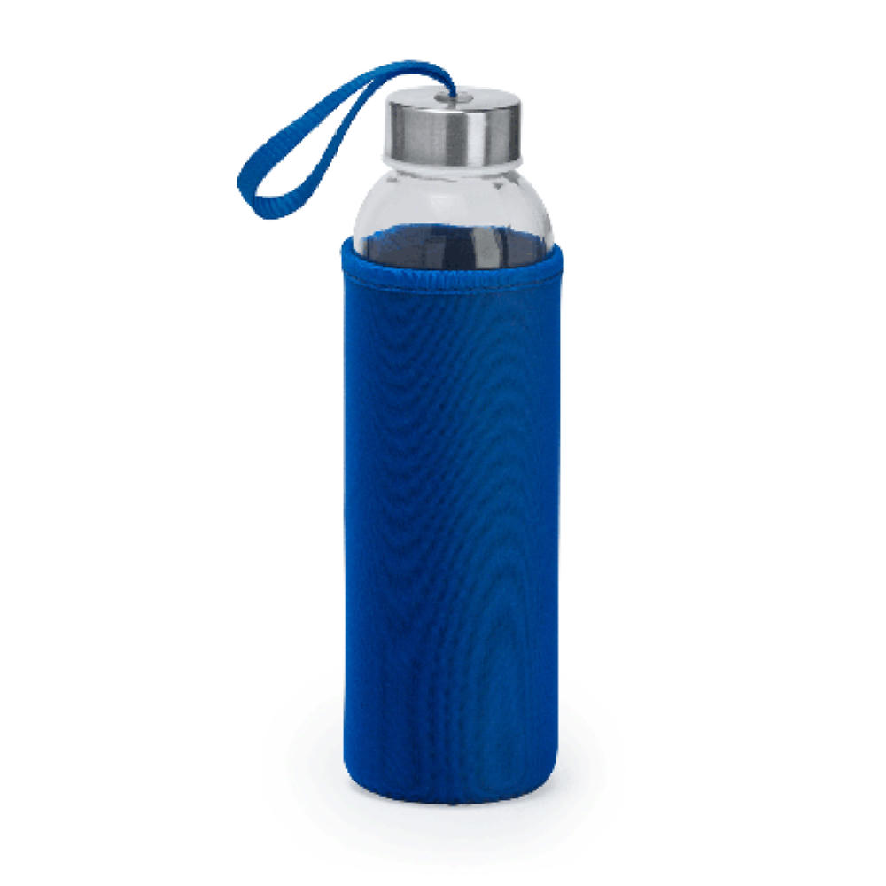Product image Glasflasche 500ml mit farbiger Neoprenhülle, der silberfarbene Metalldeckel ist mit einer farbigen Schlaufe versehen Werbeartikel