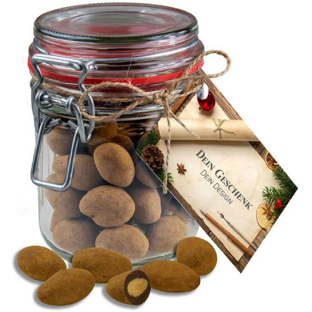 Schokomandeln mit Zimt, ca. 200g, Bonbonglas Maxi mit Werbekarte Werbeartikel