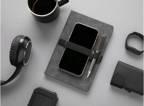 Deluxe Hardcover PU Notizbuch mit Handy- und Stiftehalter Werbeartikel