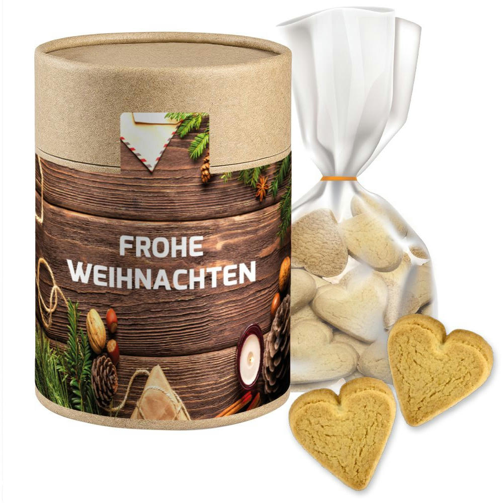 Product image Butter-Herzen, ca. 100g, Beutel in Kraftpapierdose Maxi Werbeartikel