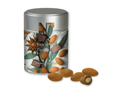 Product image Schokomandeln mit Zimt, ca. 100g, Metalldose Midi silber bedrucken