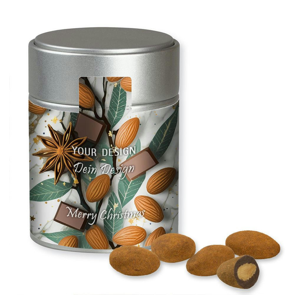Product image Schokomandeln mit Zimt, ca. 100g, Metalldose Midi silber Werbeartikel